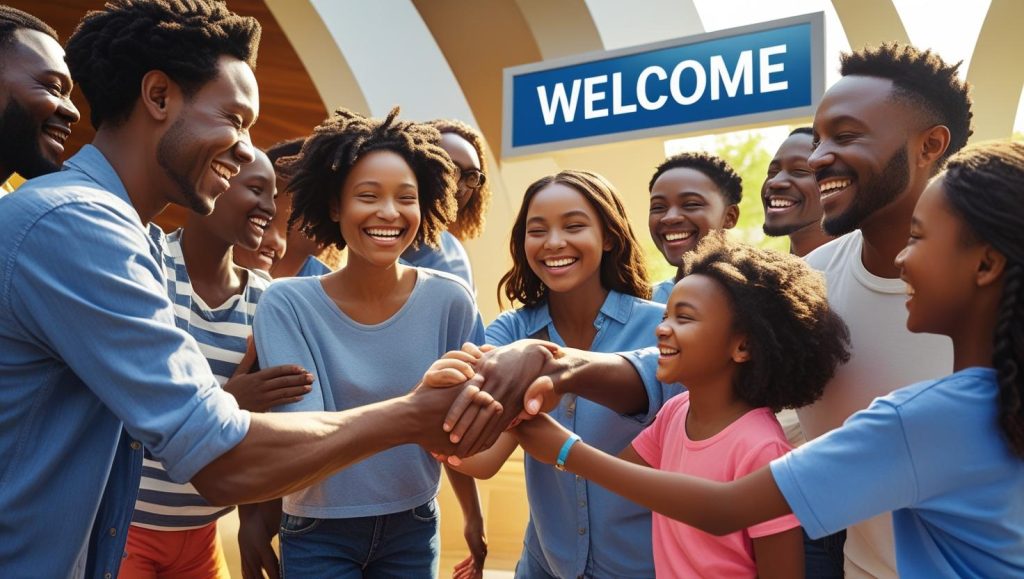 A diverse group of church members welcoming a new member